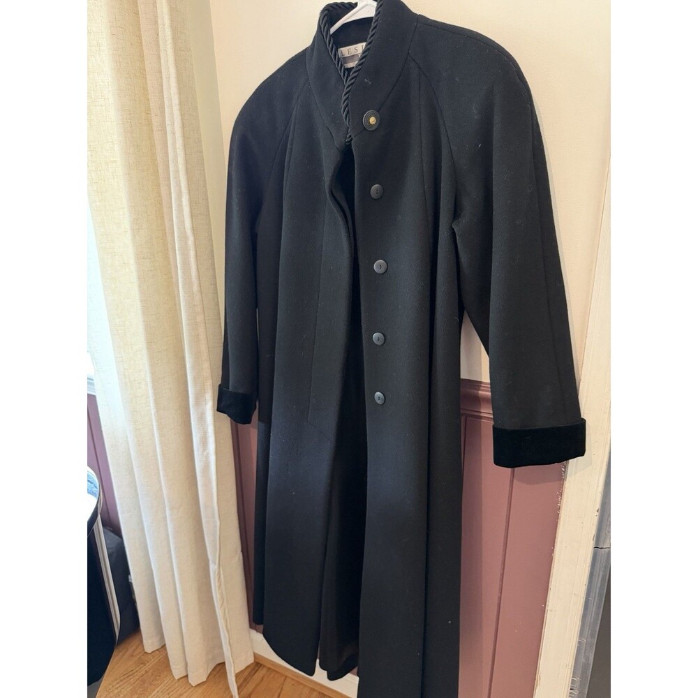 Vintage Leslie Fay Wool Maxi Coat Womens 8 Black Made USA Velvet Trim Long
